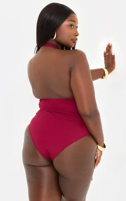 Plus Berry Lace Up Halterneck High Leg Swimsuit