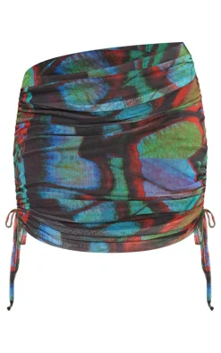 Plus Black Abstract Butterfly Printed Ruched Mesh Mini Skirt