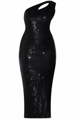 Plus Black Asymmetric High Split Sequin Maxi Dress