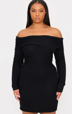Plus Black Asymmetric Knit Fold Over Mini Dress