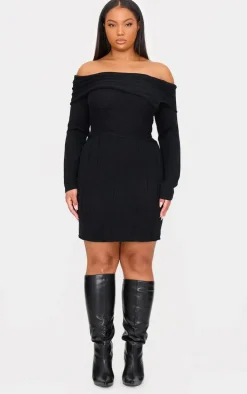 Plus Black Asymmetric Knit Fold Over Mini Dress