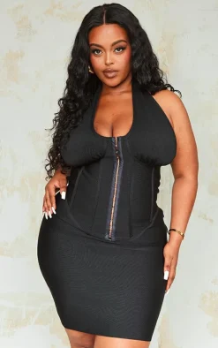 Plus Black Bandage Plunge Corset Bodycon Dress