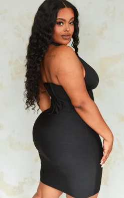Plus Black Bandage Plunge Corset Bodycon Dress