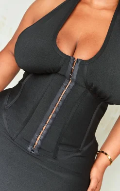 Plus Black Bandage Plunge Corset Bodycon Dress