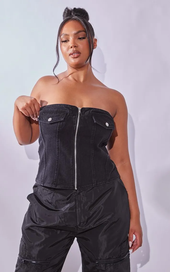 Plus Black Bandeau Zip Up Denim Corset
