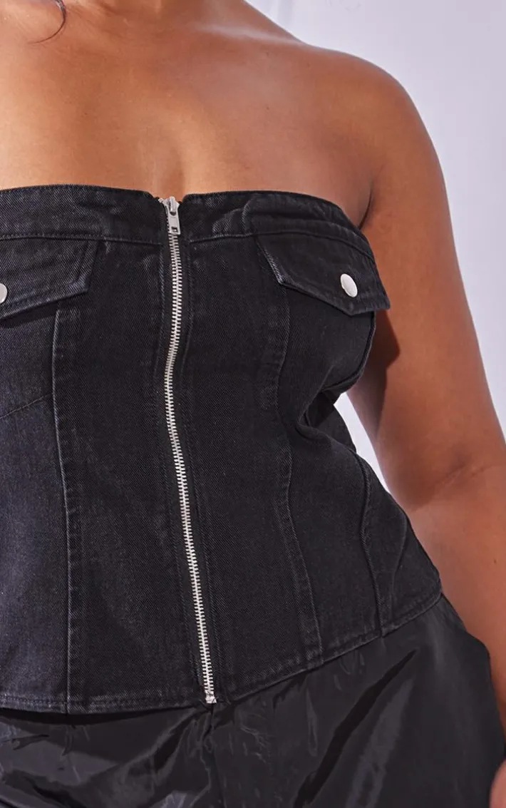 Plus Black Bandeau Zip Up Denim Corset