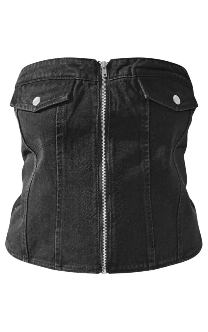 Plus Black Bandeau Zip Up Denim Corset