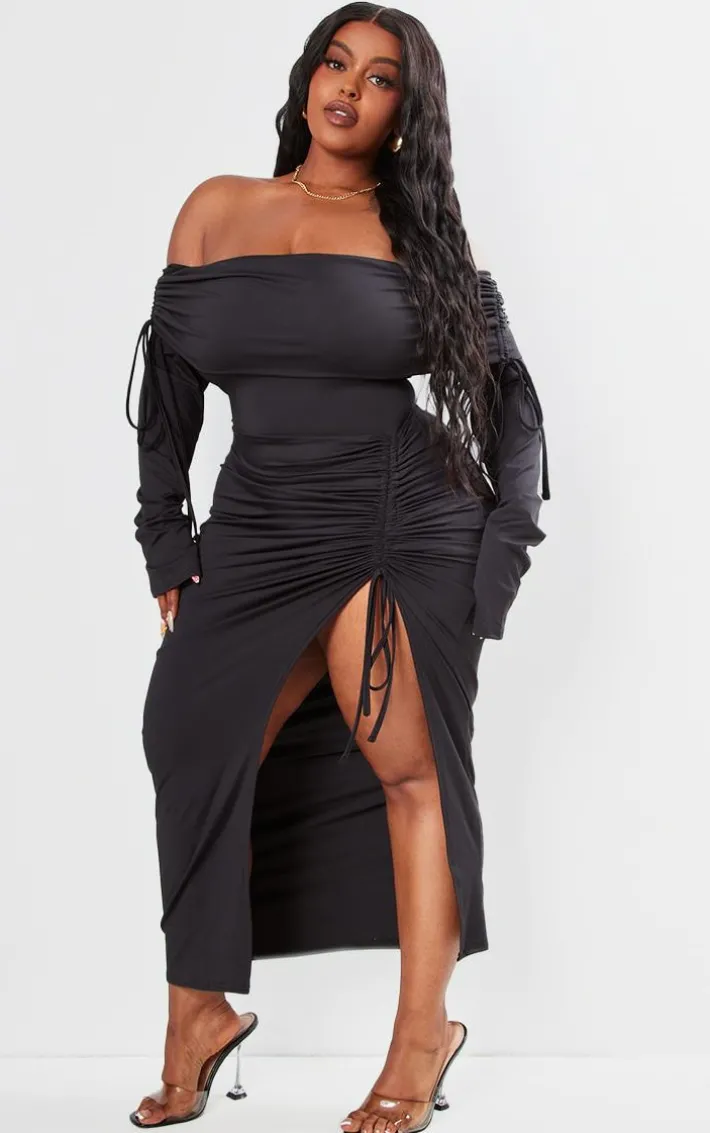 Plus Black Bardot Ruching Detail Midaxi Dress