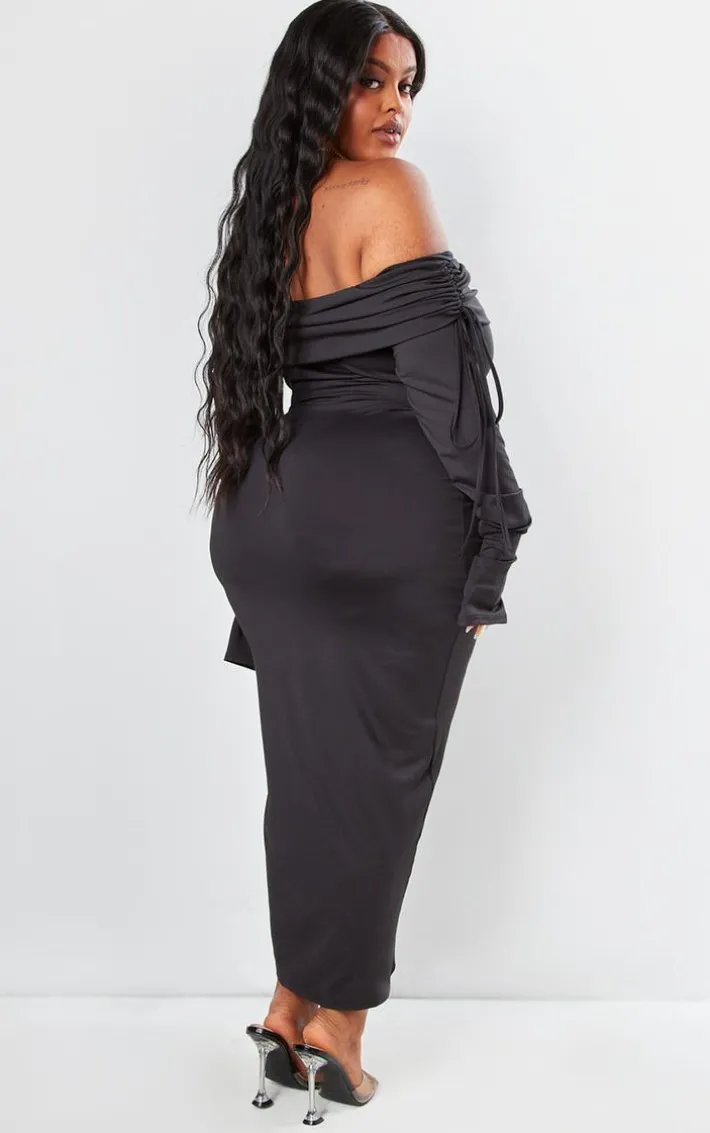 Plus Black Bardot Ruching Detail Midaxi Dress