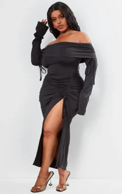 Plus Black Bardot Ruching Detail Midaxi Dress