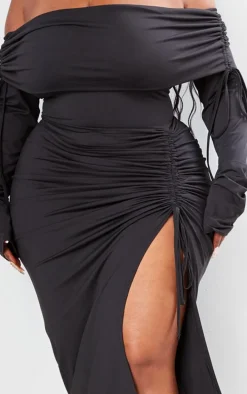 Plus Black Bardot Ruching Detail Midaxi Dress
