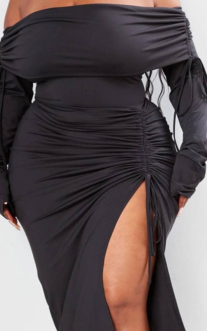 Plus Black Bardot Ruching Detail Midaxi Dress