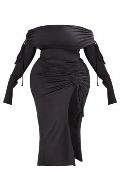 Plus Black Bardot Ruching Detail Midaxi Dress