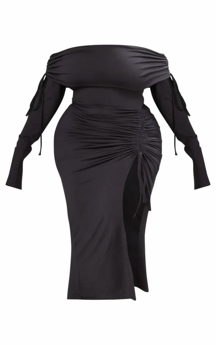 Plus Black Bardot Ruching Detail Midaxi Dress