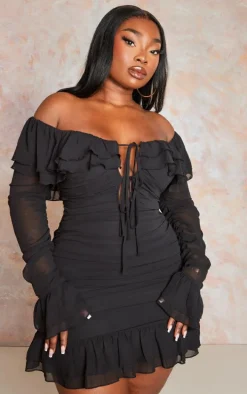 Plus Black Bardot Ruffle Detail Shift Dress