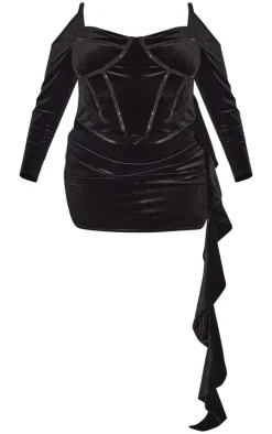 Plus Black Bardot Sleeve Seam Detail Velvour Mini Dress