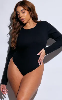 Plus Black Basic Rib Long Sleeve Bodysuit
