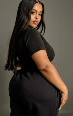 Plus Black Basic Rib Short Sleeve Crop Top