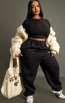 Plus Black Basic Rib Short Sleeve Crop Top