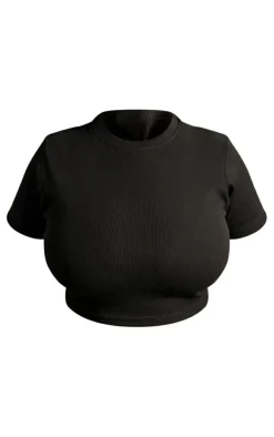 Plus Black Basic Rib Short Sleeve Crop Top