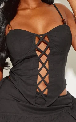 Plus Black Bead Detail Lace Up Corset Top
