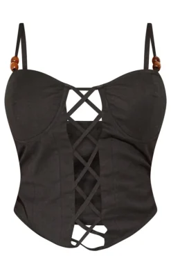 Plus Black Bead Detail Lace Up Corset Top