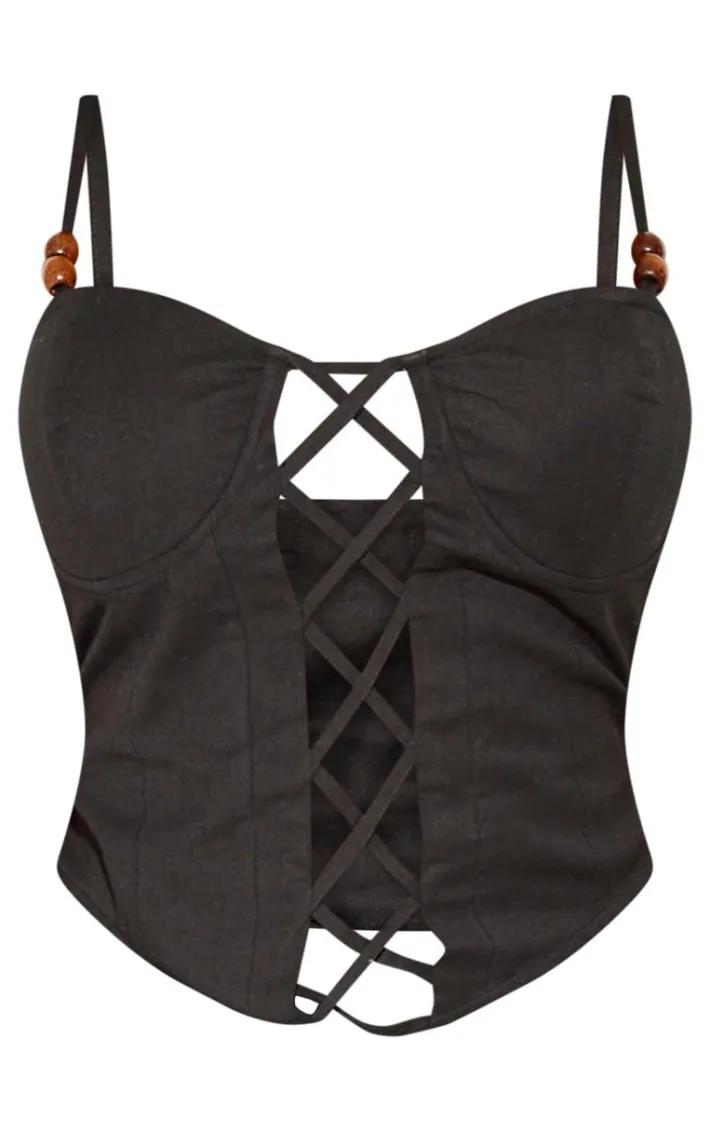 Plus Black Bead Detail Lace Up Corset Top