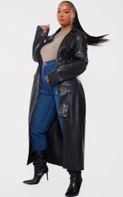 Plus Black Belted Oversized Faux Leather Trench Coat