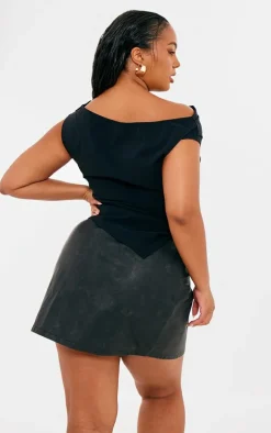 Plus Black Bengaline Ruched Asymmetric Long Top