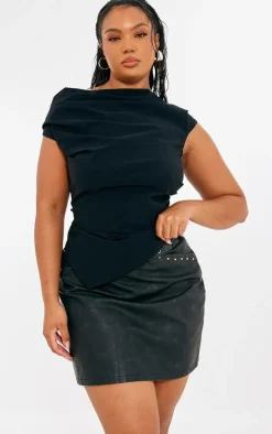 Plus Black Bengaline Ruched Asymmetric Long Top