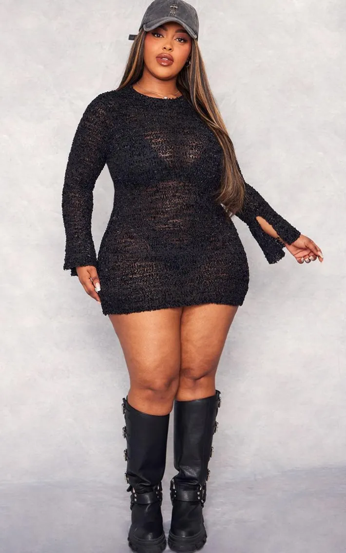 Plus Black Bobble Glitter Knit Long Sleeve Mini Dress
