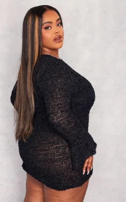 Plus Black Bobble Glitter Knit Long Sleeve Mini Dress