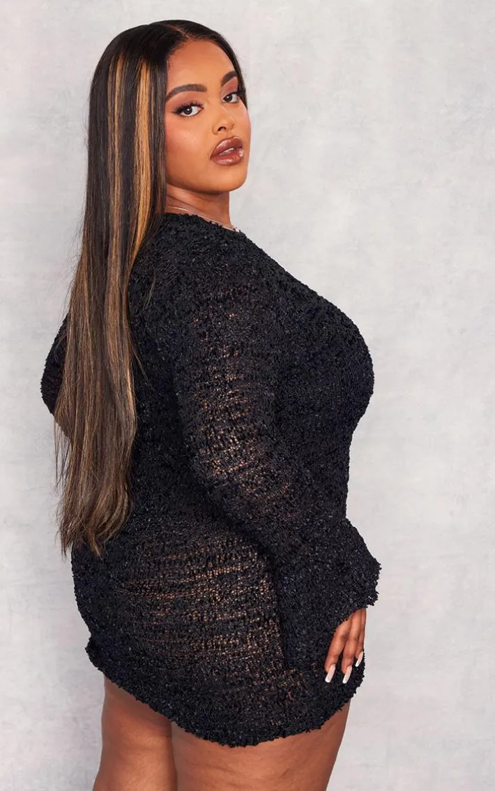 Plus Black Bobble Glitter Knit Long Sleeve Mini Dress