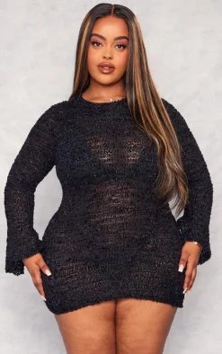 Plus Black Bobble Glitter Knit Long Sleeve Mini Dress