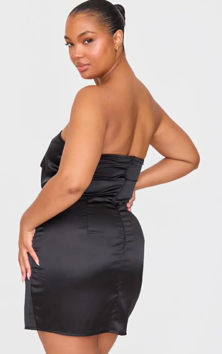 Plus Black Boned Satin Drape Detail Mini Dress