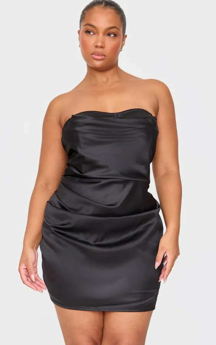 Plus Black Boned Satin Drape Detail Mini Dress