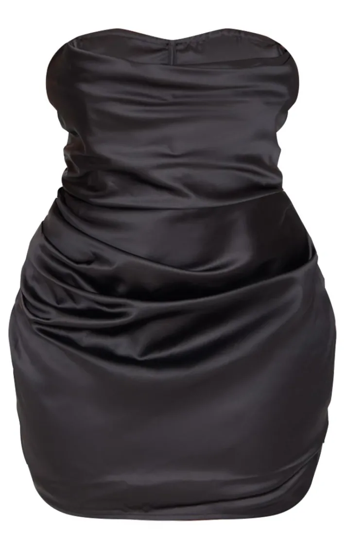 Plus Black Boned Satin Drape Detail Mini Dress