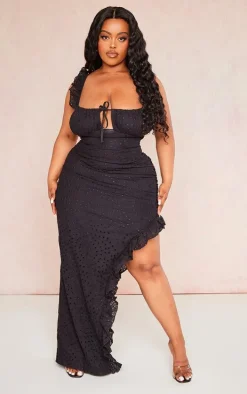 Plus Black Broderie Anglaise Frill Detail Midi Dress