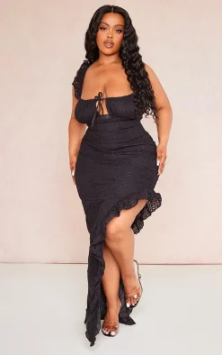 Plus Black Broderie Anglaise Frill Detail Midi Dress
