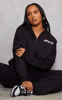 Plus Black Brooklyn Print Half Zip Sweatshirt