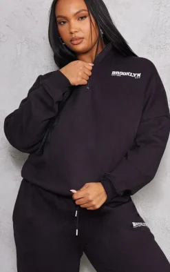 Plus Black Brooklyn Print Half Zip Sweatshirt