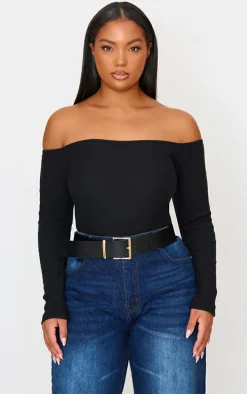 Plus Black Brushed Rib Bardot Long Sleeve Bodysuit
