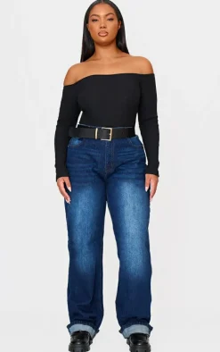 Plus Black Brushed Rib Bardot Long Sleeve Bodysuit