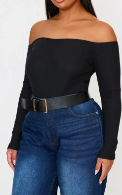 Plus Black Brushed Rib Bardot Long Sleeve Bodysuit