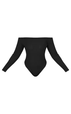 Plus Black Brushed Rib Bardot Long Sleeve Bodysuit