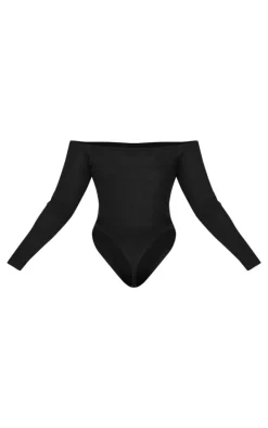 Plus Black Brushed Rib Bardot Long Sleeve Bodysuit