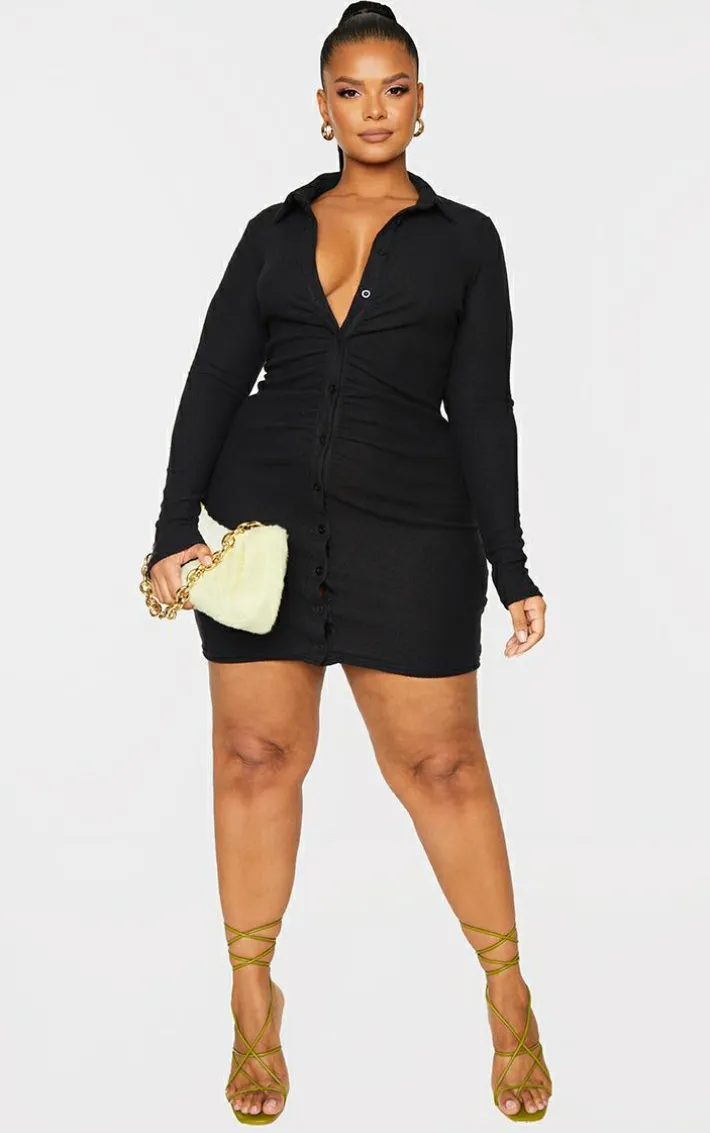 Plus Black Brushed Rib Long Sleeve Ruched Shirt Dress