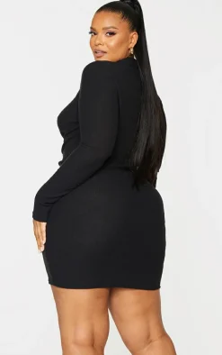 Plus Black Brushed Rib Long Sleeve Ruched Shirt Dress