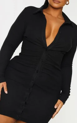Plus Black Brushed Rib Long Sleeve Ruched Shirt Dress