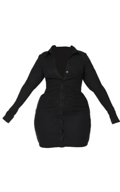 Plus Black Brushed Rib Long Sleeve Ruched Shirt Dress